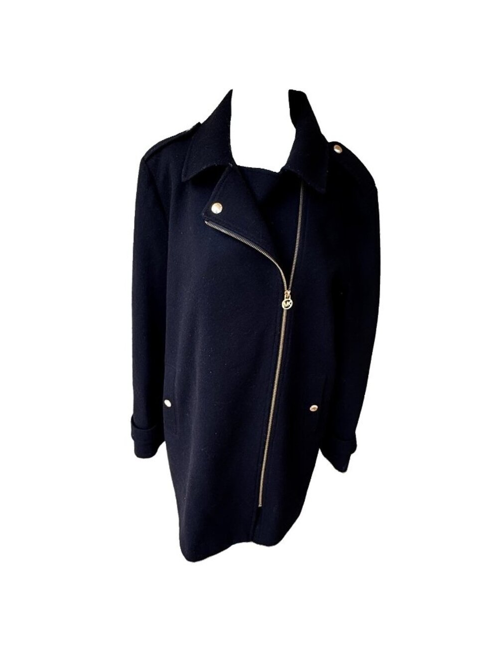 Michael Kors Coat Womens XL Black Asymmetrical Gold Zip Wool Blend Winter Dressy